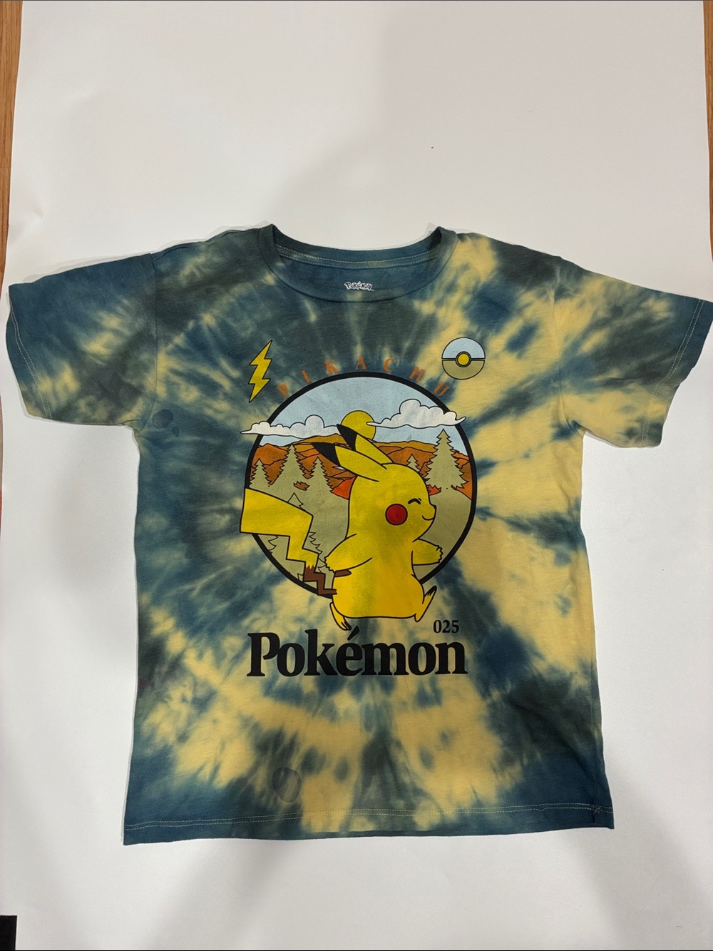 Custom Pikachu Tie-Dye Kids T-Shirt in Yellow and Blue Youth Medium